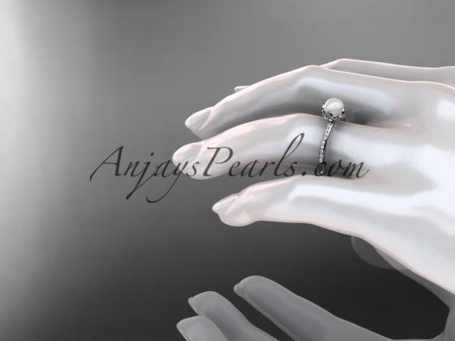 14k white gold diamond pearl vine and leaf engagement ring AP92 - AnjaysDesigns