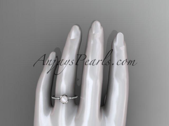 14k white gold diamond pearl vine and leaf engagement ring AP92 - AnjaysDesigns