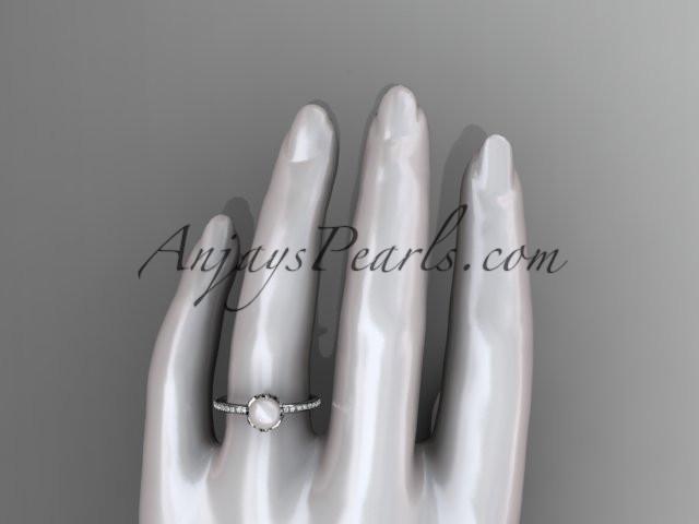 platinum diamond pearl vine and leaf engagement ring AP92 - AnjaysDesigns