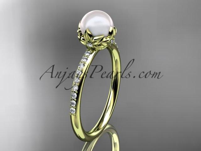 14k yellow gold diamond pearl vine and leaf engagement ring AP92 - AnjaysDesigns
