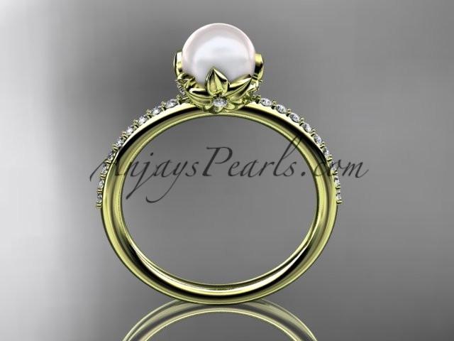14k yellow gold diamond pearl vine and leaf engagement ring AP92 - AnjaysDesigns