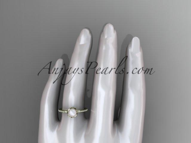 14k yellow gold diamond pearl vine and leaf engagement ring AP92 - AnjaysDesigns