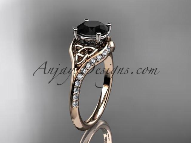 14kt rose gold diamond celtic trinity knot wedding ring, engagement ring with a Black Diamond center stone CT7125 - AnjaysDesigns