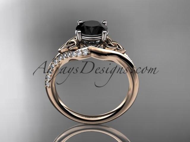 14kt rose gold diamond celtic trinity knot wedding ring, engagement ring with a Black Diamond center stone CT7125 - AnjaysDesigns