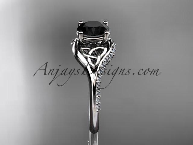 14kt white gold diamond celtic trinity knot wedding ring, engagement ring with a Black Diamond center stone CT7125 - AnjaysDesigns