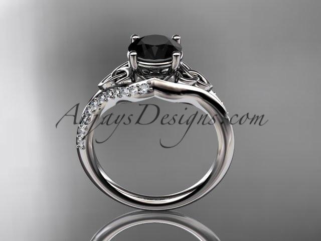 14kt white gold diamond celtic trinity knot wedding ring, engagement ring with a Black Diamond center stone CT7125 - AnjaysDesigns