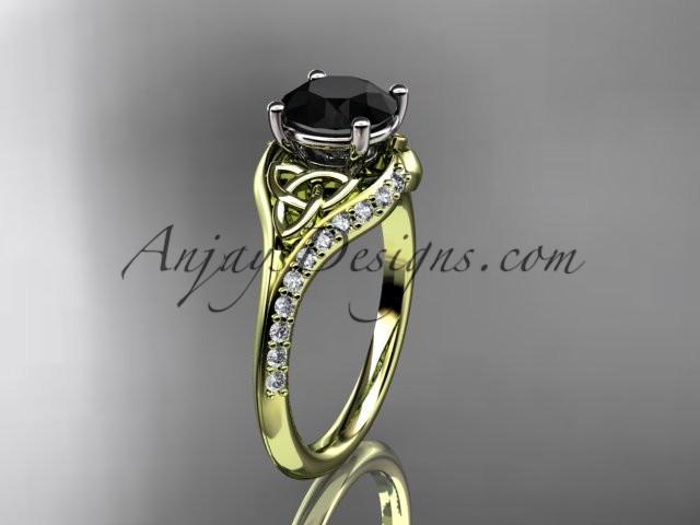 14kt yellow gold diamond celtic trinity knot wedding ring, engagement ring with a Black Diamond center stone CT7125 - AnjaysDesigns