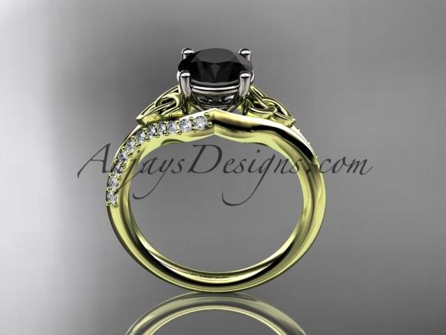 14kt yellow gold diamond celtic trinity knot wedding ring, engagement ring with a Black Diamond center stone CT7125 - AnjaysDesigns