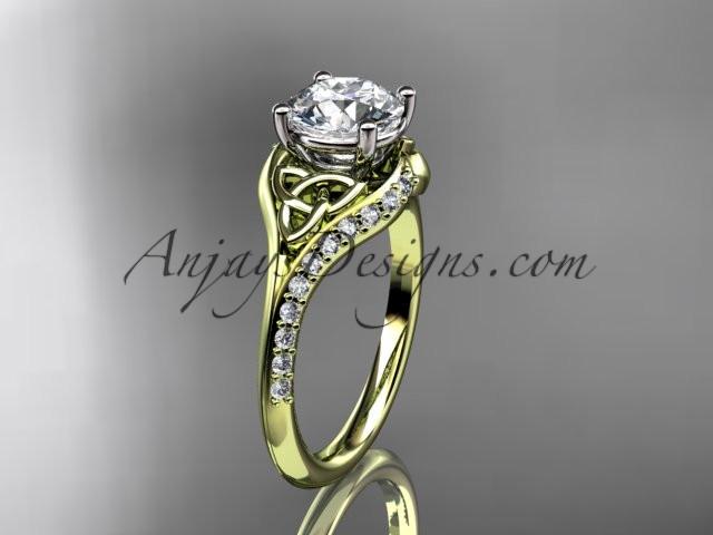 14kt yellow gold diamond celtic trinity knot wedding ring, engagement ring with a "Forever One" Moissanite center stone CT7125 - AnjaysDesigns