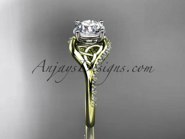 14kt yellow gold diamond celtic trinity knot wedding ring, engagement ring with a "Forever One" Moissanite center stone CT7125 - AnjaysDesigns