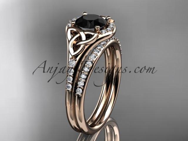 14kt rose gold diamond celtic trinity knot wedding ring, engagement set with a Black Diamond center stone CT7126S - AnjaysDesigns