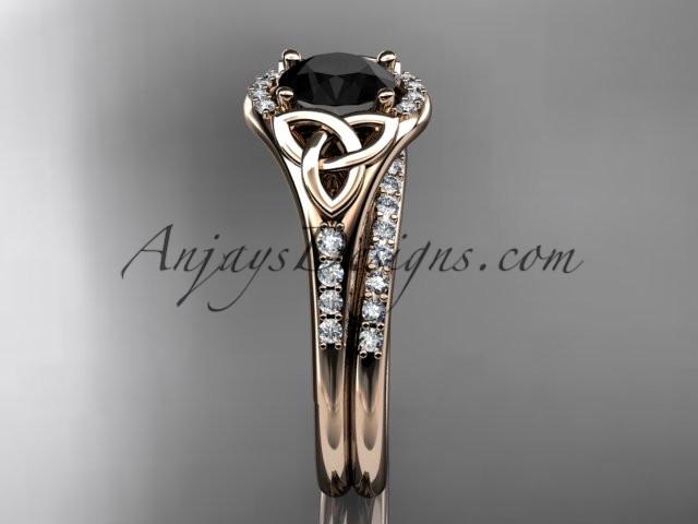 14kt rose gold diamond celtic trinity knot wedding ring, engagement set with a Black Diamond center stone CT7126S - AnjaysDesigns