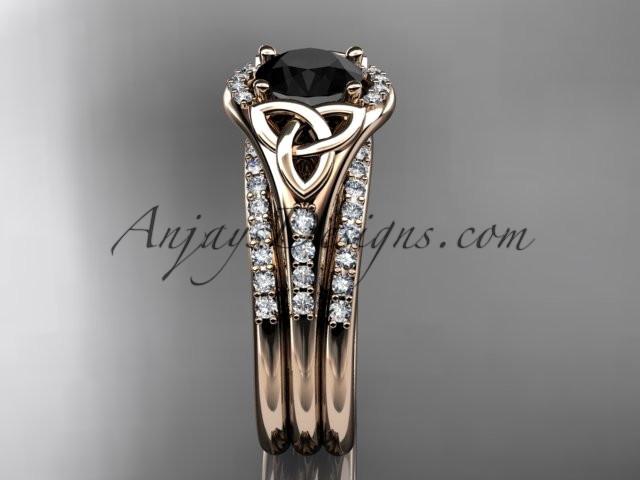 14kt rose gold diamond celtic trinity knot wedding ring, engagement ring with a Black Diamond center stone and double matching band CT7126S - AnjaysDesigns