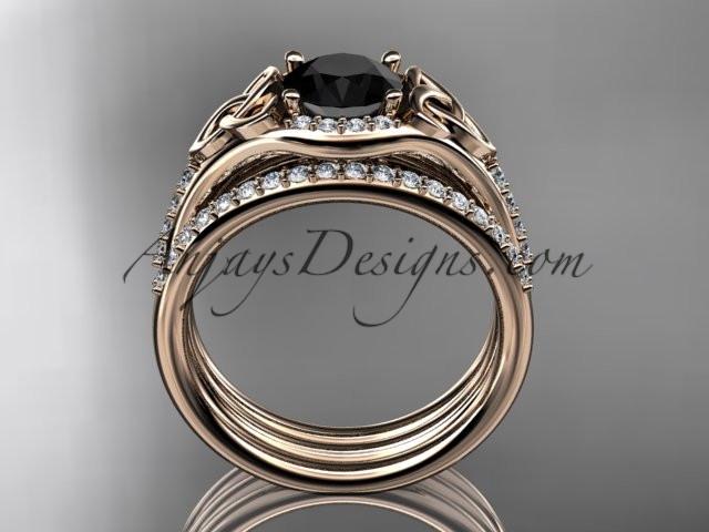 14kt rose gold diamond celtic trinity knot wedding ring, engagement ring with a Black Diamond center stone and double matching band CT7126S - AnjaysDesigns