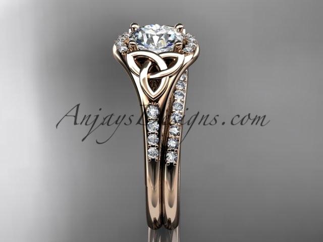 14kt rose gold diamond celtic trinity knot wedding ring, engagement set with a "Forever One" Moissanite center stone CT7126S - AnjaysDesigns