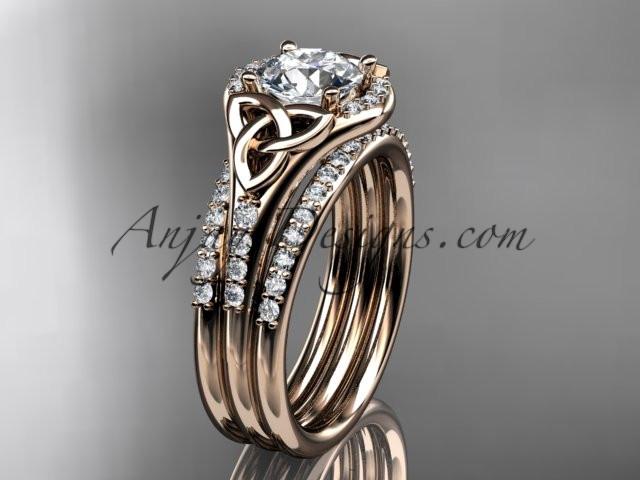 14kt rose gold diamond celtic trinity knot wedding ring, engagement ring with a "Forever One" Moissanite center stone and double matching band CT7126S - AnjaysDesigns