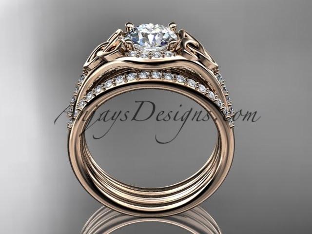 14kt rose gold diamond celtic trinity knot wedding ring, engagement ring with a "Forever One" Moissanite center stone and double matching band CT7126S - AnjaysDesigns