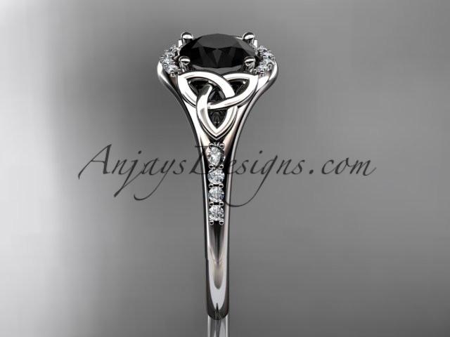 14kt white gold diamond celtic trinity knot wedding ring, engagement ring with a Black Diamond center stone CT7126 - AnjaysDesigns
