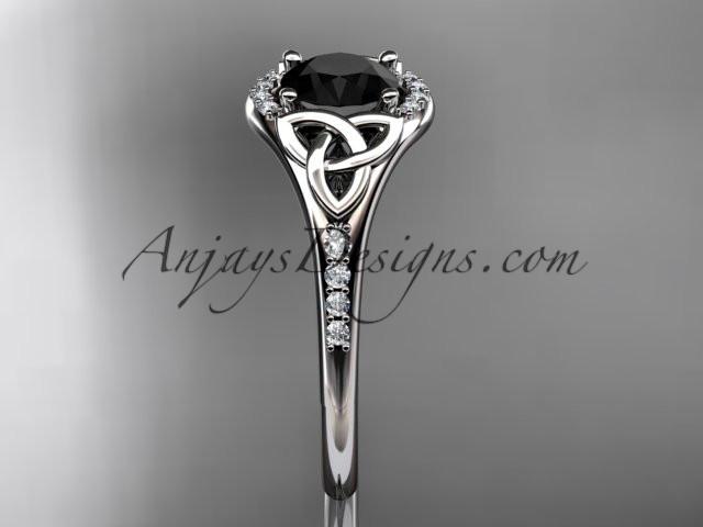 platinum diamond celtic trinity knot wedding ring, engagement ring with a Black Diamond center stone CT7126 - AnjaysDesigns