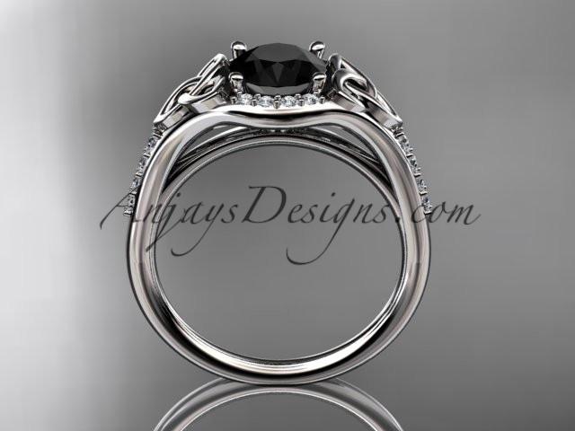 14kt white gold diamond celtic trinity knot wedding ring, engagement ring with a Black Diamond center stone CT7126 - AnjaysDesigns