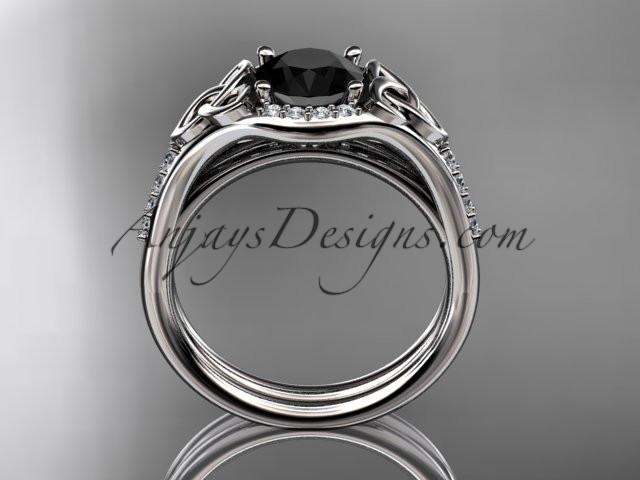 platinum diamond celtic trinity knot wedding ring, engagement set with a Black Diamond center stone CT7126S - AnjaysDesigns