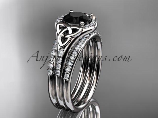 platinum diamond celtic trinity knot wedding ring, engagement ring with a Black Diamond center stone and double matching band CT7126S - AnjaysDesigns