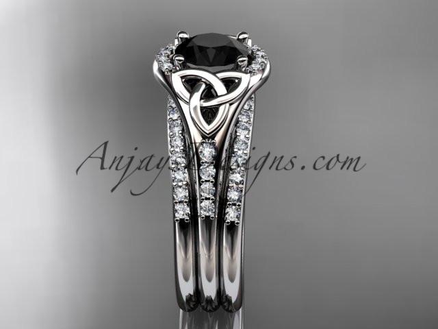 platinum diamond celtic trinity knot wedding ring, engagement ring with a Black Diamond center stone and double matching band CT7126S - AnjaysDesigns