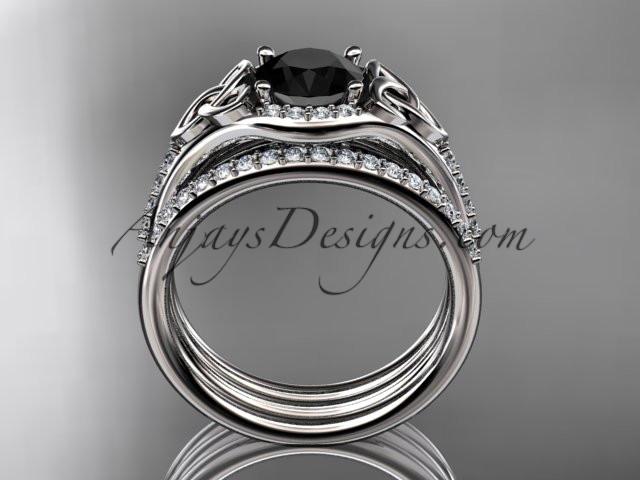 platinum diamond celtic trinity knot wedding ring, engagement ring with a Black Diamond center stone and double matching band CT7126S - AnjaysDesigns