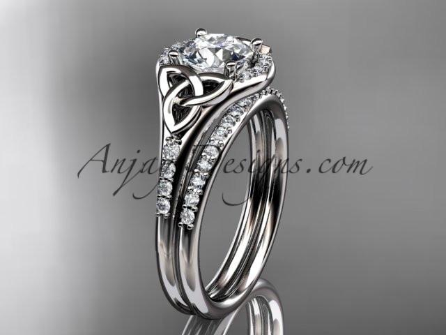 platinum diamond celtic trinity knot wedding ring, engagement set with a "Forever One" Moissanite center stone CT7126S - AnjaysDesigns