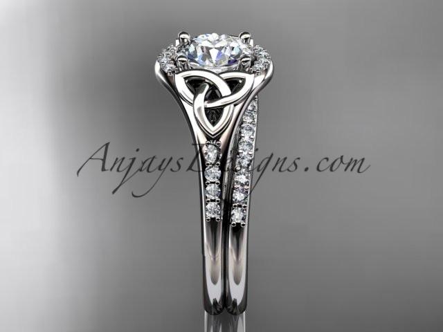 platinum diamond celtic trinity knot wedding ring, engagement set with a "Forever One" Moissanite center stone CT7126S - AnjaysDesigns