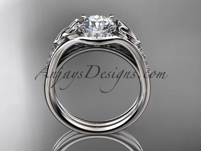 platinum diamond celtic trinity knot wedding ring, engagement set with a "Forever One" Moissanite center stone CT7126S - AnjaysDesigns