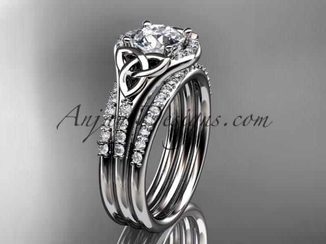 platinum diamond celtic trinity knot wedding ring, engagement ring with a "Forever One" Moissanite center stone and double matching band CT7126S - AnjaysDesigns