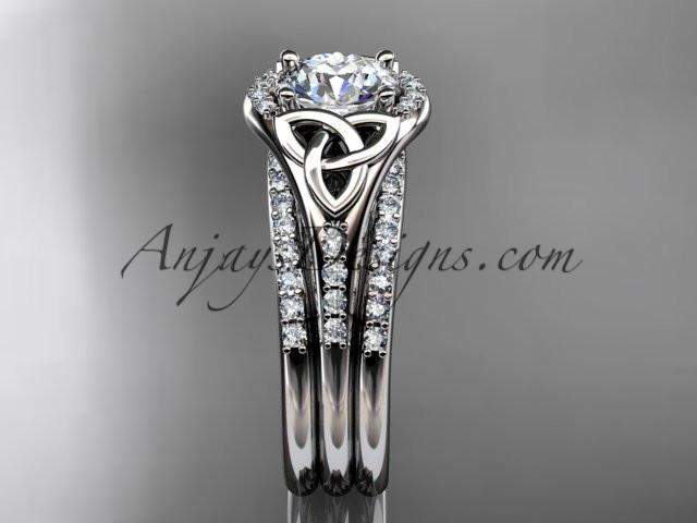 platinum diamond celtic trinity knot wedding ring, engagement ring with a "Forever One" Moissanite center stone and double matching band CT7126S - AnjaysDesigns
