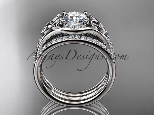 platinum diamond celtic trinity knot wedding ring, engagement ring with a "Forever One" Moissanite center stone and double matching band CT7126S - AnjaysDesigns