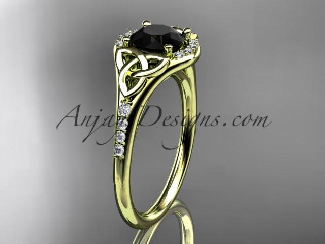 14kt yellow gold diamond celtic trinity knot wedding ring, engagement ring with a Black Diamond center stone CT7126 - AnjaysDesigns