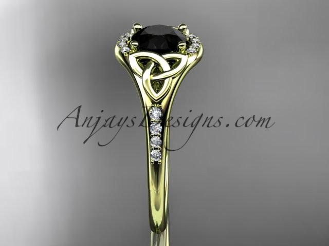 14kt yellow gold diamond celtic trinity knot wedding ring, engagement ring with a Black Diamond center stone CT7126 - AnjaysDesigns
