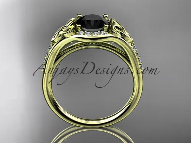 14kt yellow gold diamond celtic trinity knot wedding ring, engagement ring with a Black Diamond center stone CT7126 - AnjaysDesigns