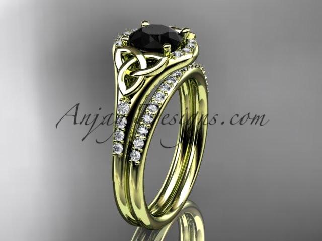 14kt yellow gold diamond celtic trinity knot wedding ring, engagement set with a Black Diamond center stone CT7126S - AnjaysDesigns