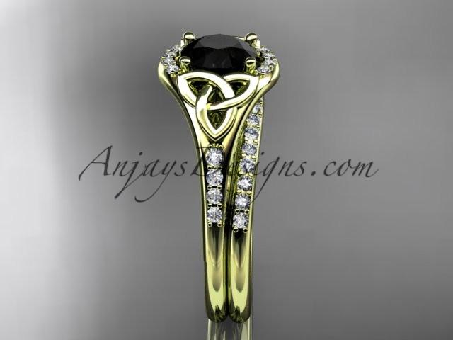 14kt yellow gold diamond celtic trinity knot wedding ring, engagement set with a Black Diamond center stone CT7126S - AnjaysDesigns