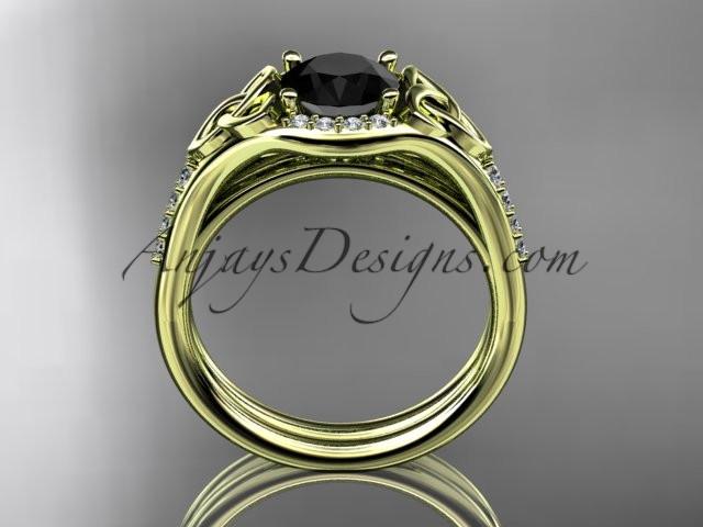 14kt yellow gold diamond celtic trinity knot wedding ring, engagement set with a Black Diamond center stone CT7126S - AnjaysDesigns