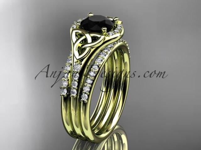 14kt yellow gold diamond celtic trinity knot wedding ring, engagement ring with a Black Diamond center stone and double matching band CT7126S - AnjaysDesigns