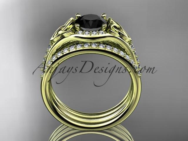 14kt yellow gold diamond celtic trinity knot wedding ring, engagement ring with a Black Diamond center stone and double matching band CT7126S - AnjaysDesigns