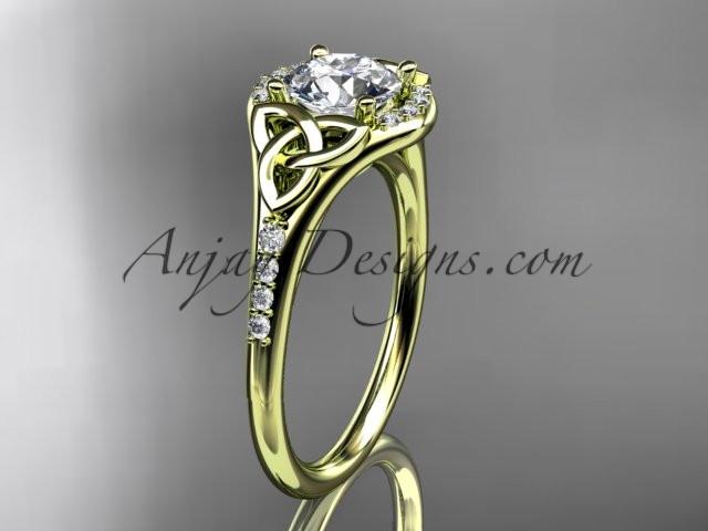 14kt yellow gold diamond celtic trinity knot wedding ring, engagement ring with a "Forever One" Moissanite center stone CT7126 - AnjaysDesigns