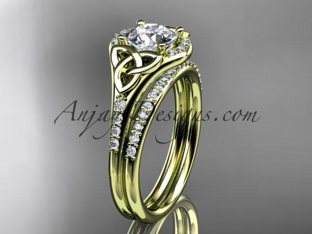 14kt yellow gold diamond celtic trinity knot wedding ring, engagement set with a "Forever One" Moissanite center stone CT7126S - AnjaysDesigns