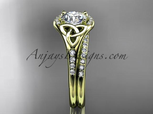 14kt yellow gold diamond celtic trinity knot wedding ring, engagement set with a "Forever One" Moissanite center stone CT7126S - AnjaysDesigns
