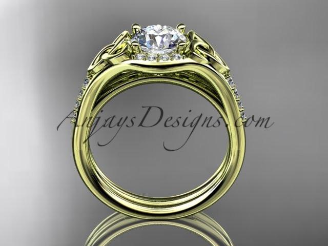 14kt yellow gold diamond celtic trinity knot wedding ring, engagement set with a "Forever One" Moissanite center stone CT7126S - AnjaysDesigns