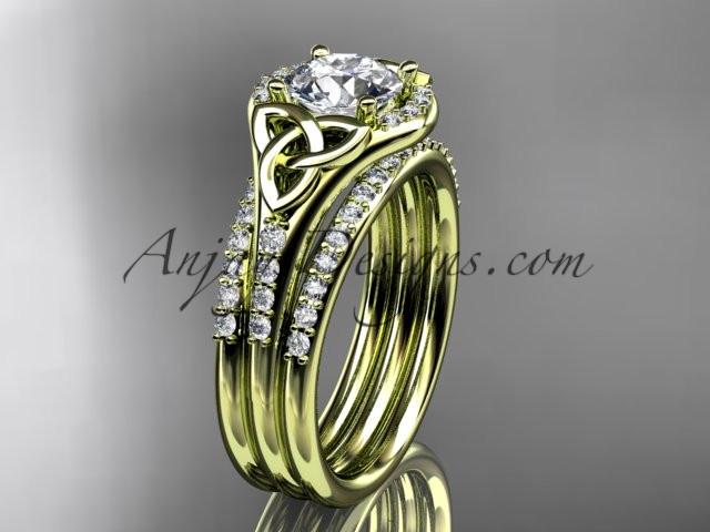 14kt yellow gold diamond celtic trinity knot wedding ring, engagement ring with a double matching band CT7126S - AnjaysDesigns