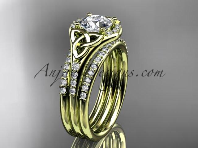 14kt yellow gold diamond celtic trinity knot wedding ring, engagement ring with a "Forever One" Moissanite center stone and double matching band CT7126S - AnjaysDesigns