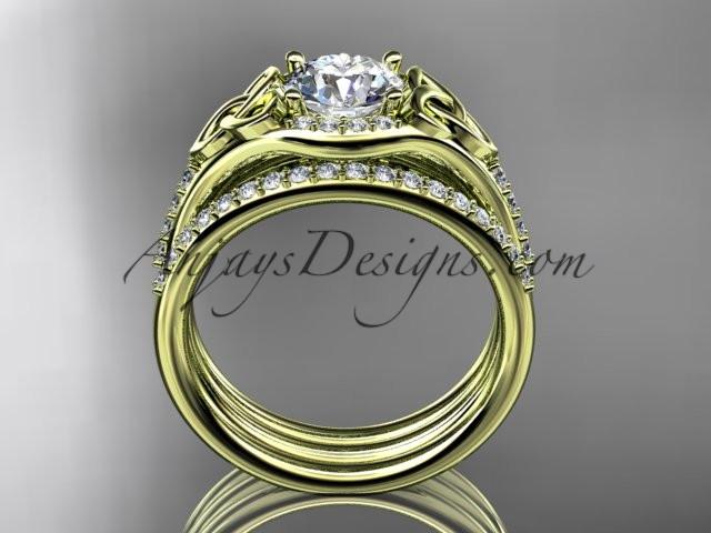 14kt yellow gold diamond celtic trinity knot wedding ring, engagement ring with a "Forever One" Moissanite center stone and double matching band CT7126S - AnjaysDesigns