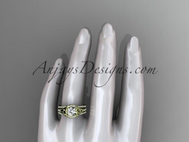 14kt yellow gold diamond celtic trinity knot wedding ring, engagement ring with a double matching band CT7126S - AnjaysDesigns
